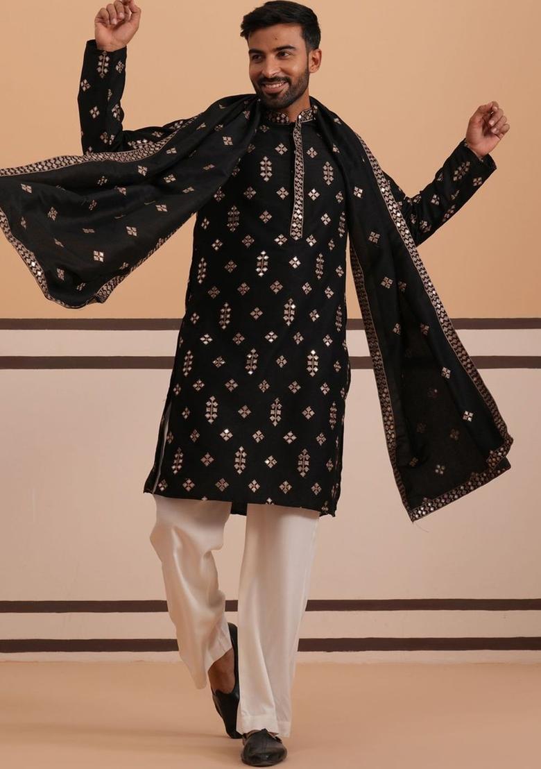 Black Printed Silk Kurta Set For Men - Indya