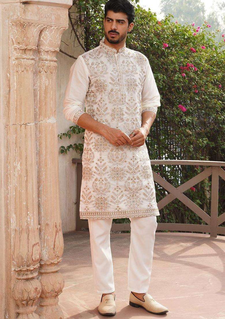 White Embroidered Silk Kurta Set For Men - Indya