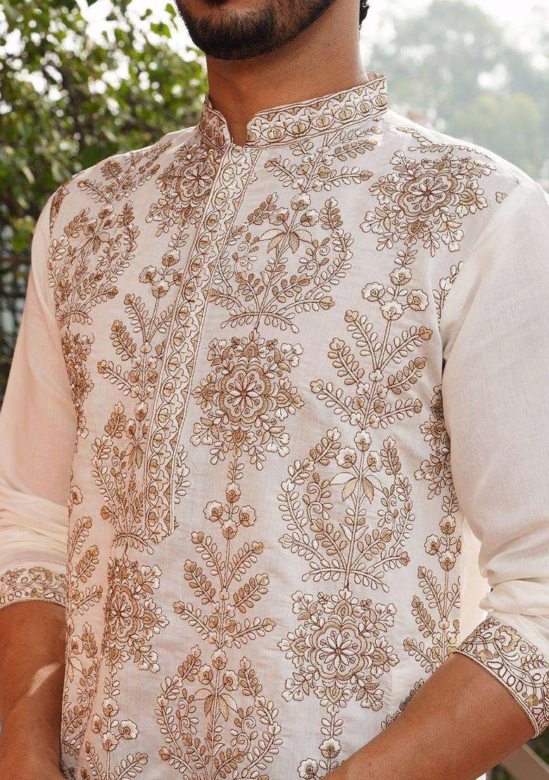 White Embroidered Silk Kurta Set For Men - Indya