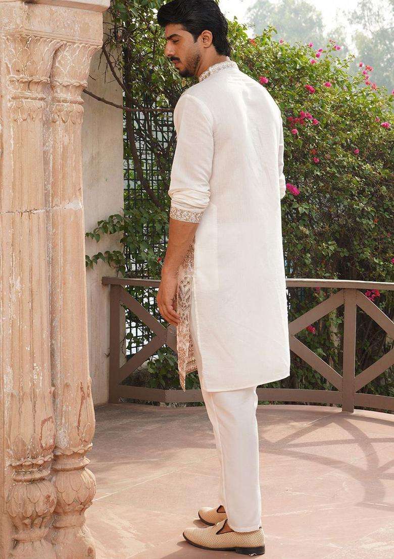 White Embroidered Silk Kurta Set For Men - Indya