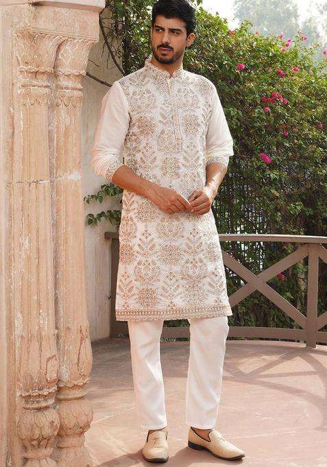 White Embroidered Silk Kurta Set For Men