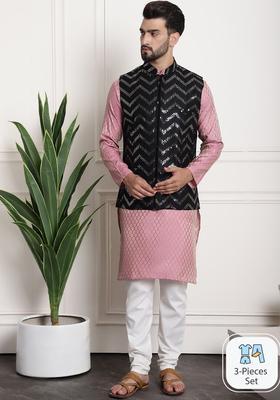 Pink Woven Design Silk Kurta Set For Men