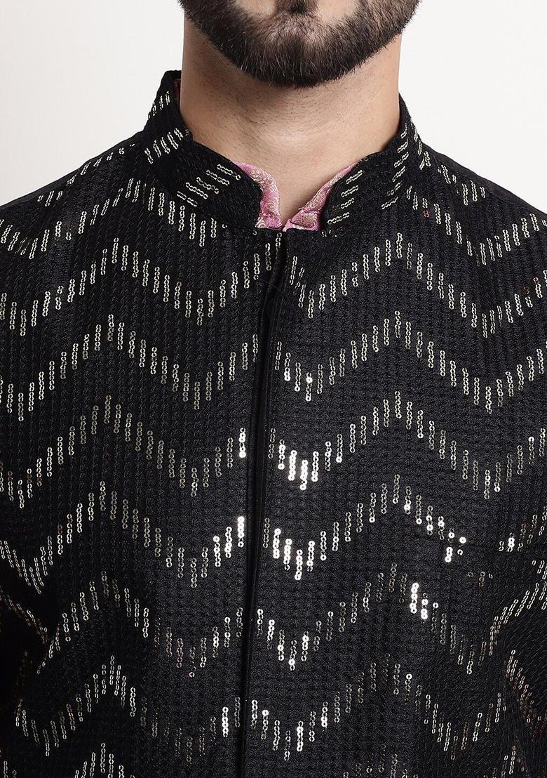 Pink Woven Design Silk Kurta Set For Men - Indya