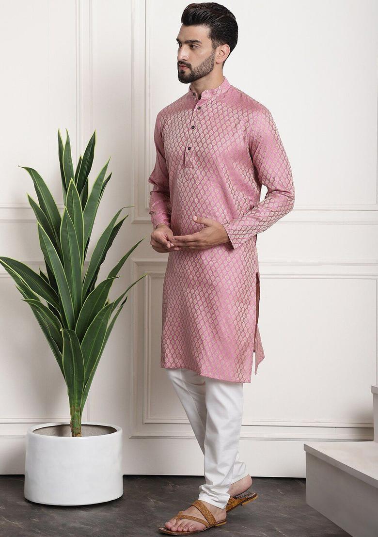 Pink Woven Design Silk Kurta Set For Men - Indya