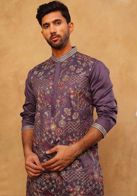 Purple Embroidered Silk Kurta Set For Men
