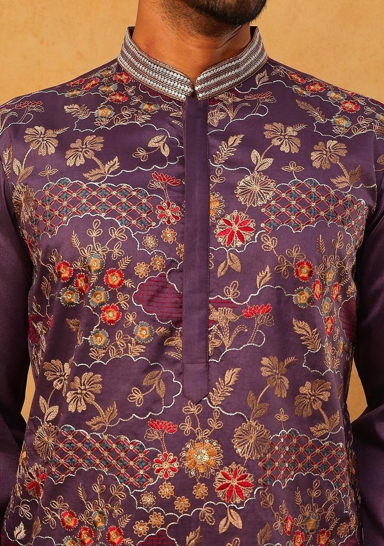 Purple Embroidered Silk Kurta Set For Men - Indya