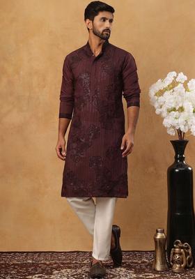 Maroon Embroidered Silk Kurta Set For Men