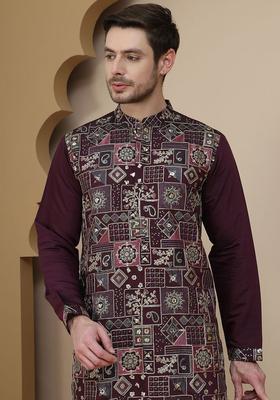 Purple Embroidered Silk Kurta Set For Men