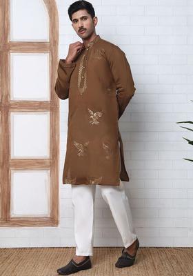 Brown Embroidered Silk Kurta Set For Men