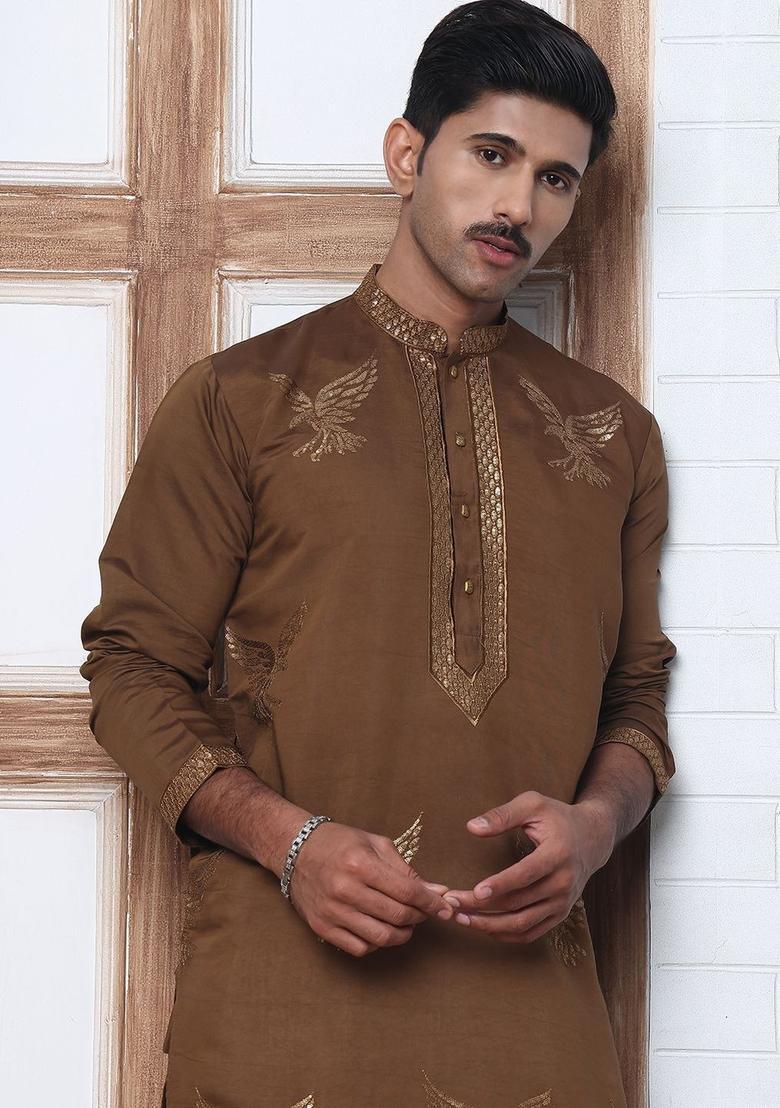 Brown Embroidered Silk Kurta Set For Men - Indya