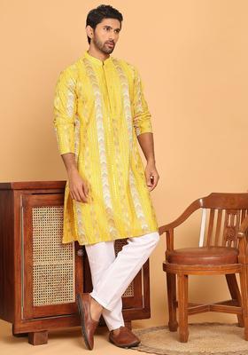 Yellow Embroidered Silk Kurta Set For Men