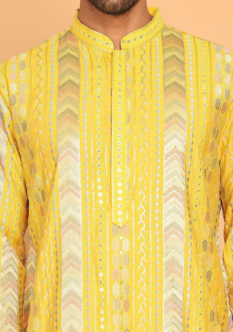Yellow Embroidered Silk Kurta Set For Men - Indya