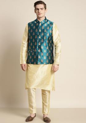Gold Woven Design Silk Kurta Set For Men