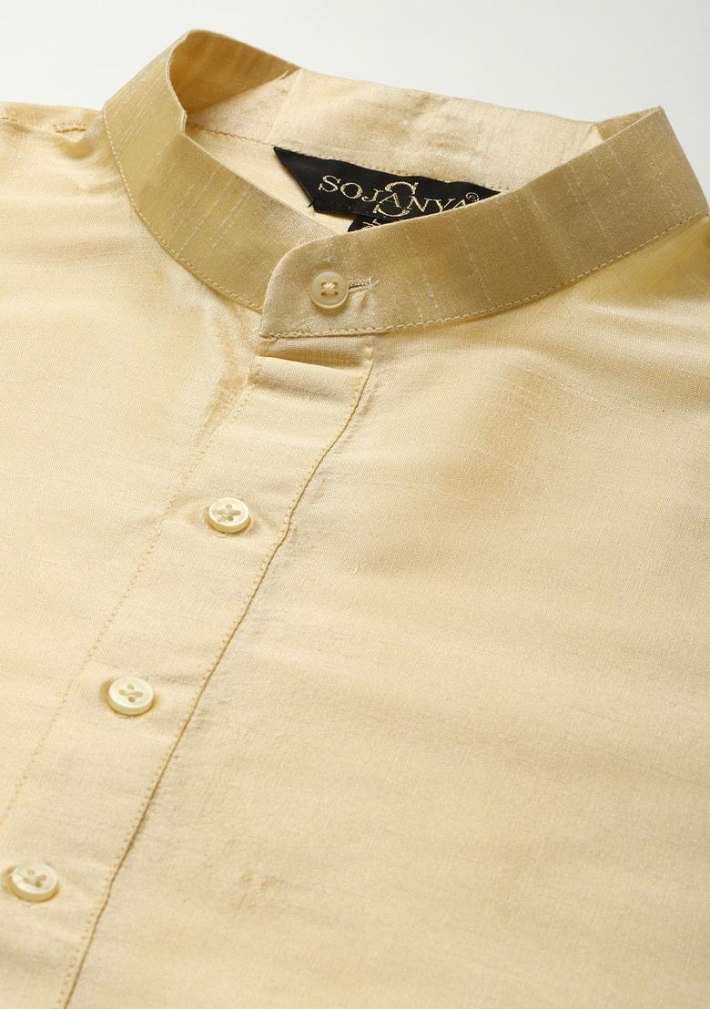 Gold Woven Design Silk Kurta Set For Men - Indya