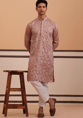 Peach Embroidered Silk Kurta Set For Men