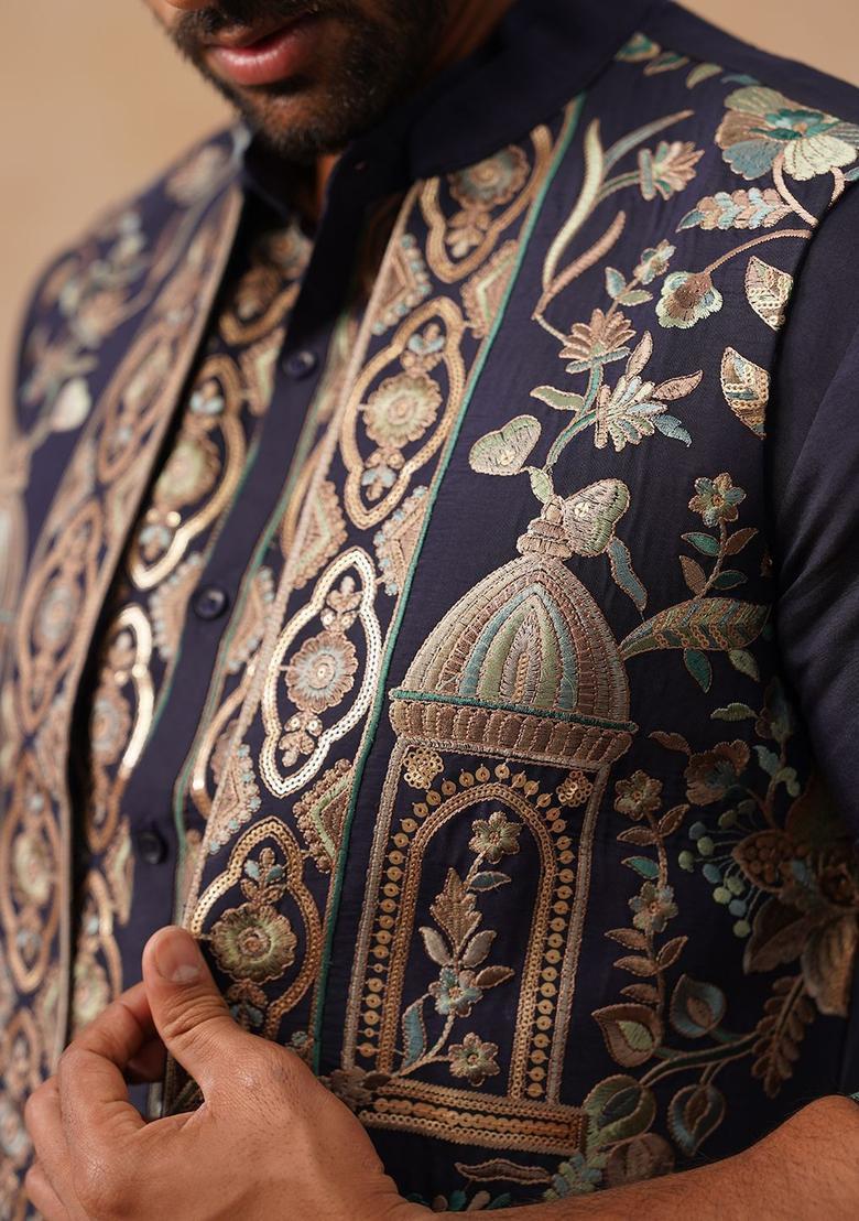 Blue Printed Silk Kurta Set For Men - Indya