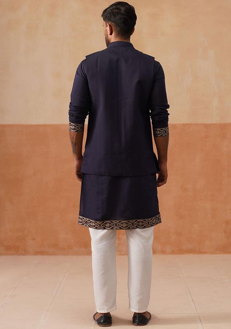 Blue Printed Silk Kurta Set For Men - Indya