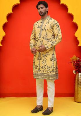 Yellow Embroidered Silk Kurta Set For Men