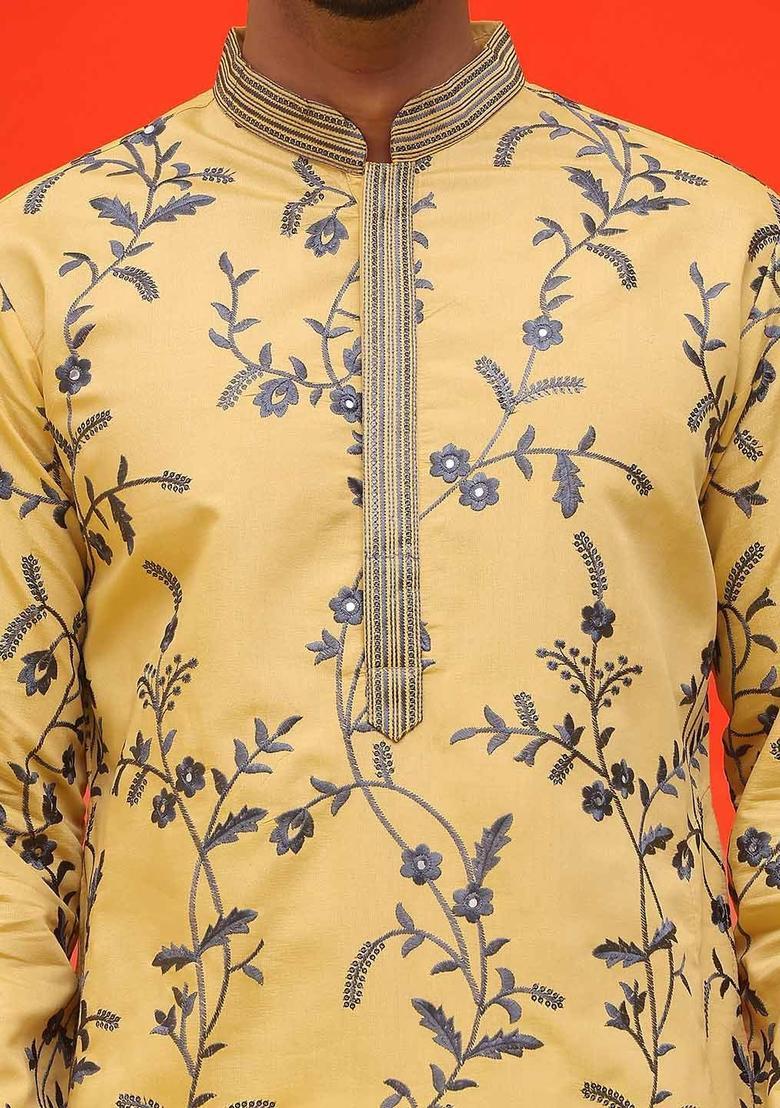 Yellow Embroidered Silk Kurta Set For Men - Indya