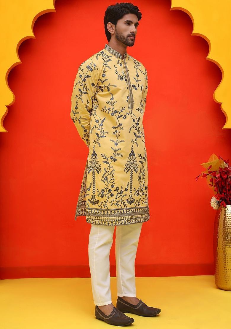 Yellow Embroidered Silk Kurta Set For Men - Indya