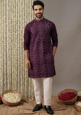 Purple Printed Silk Kurta Set For Men