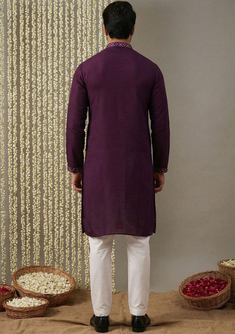 Purple Printed Silk Kurta Set For Men - Indya