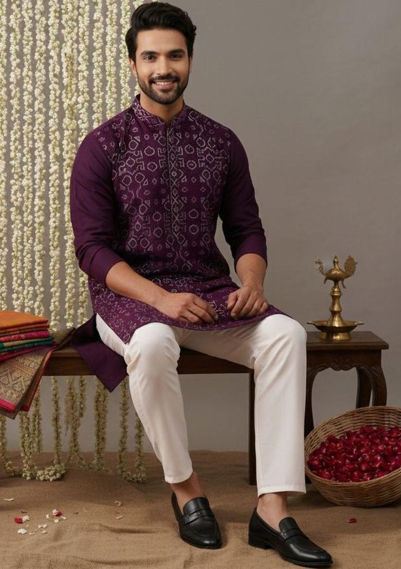 Purple Printed Silk Kurta Set For Men - Indya
