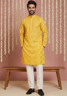 Yellow Embroidered Silk Kurta Set For Men