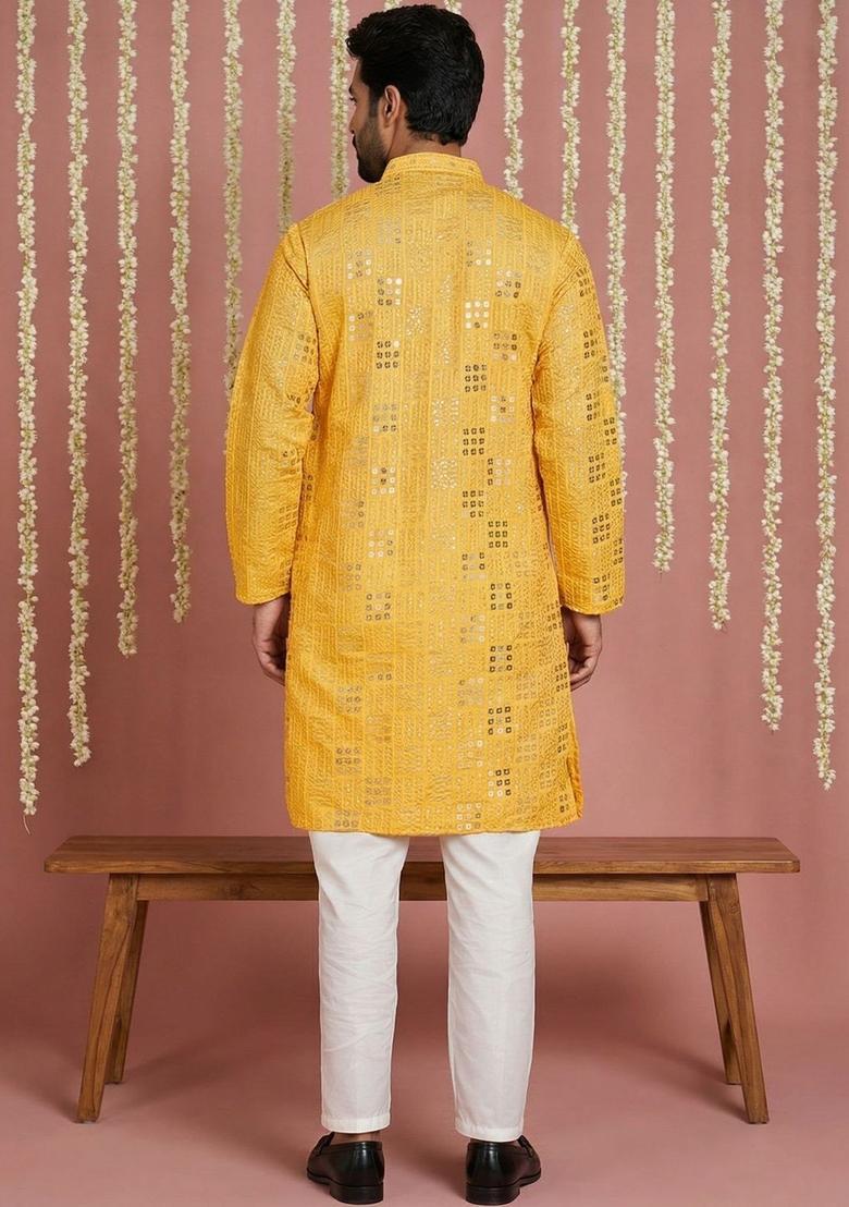 Yellow Embroidered Silk Kurta Set For Men - Indya