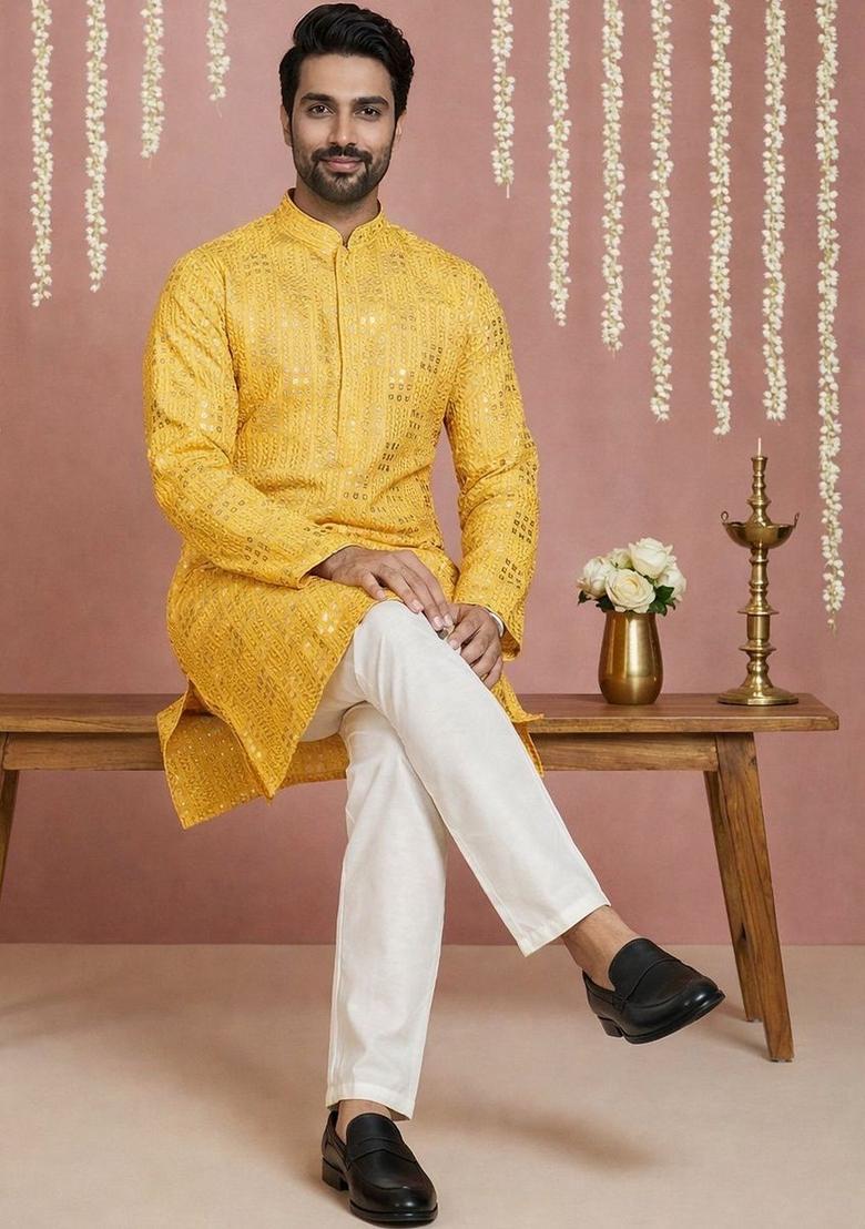 Yellow Embroidered Silk Kurta Set For Men - Indya