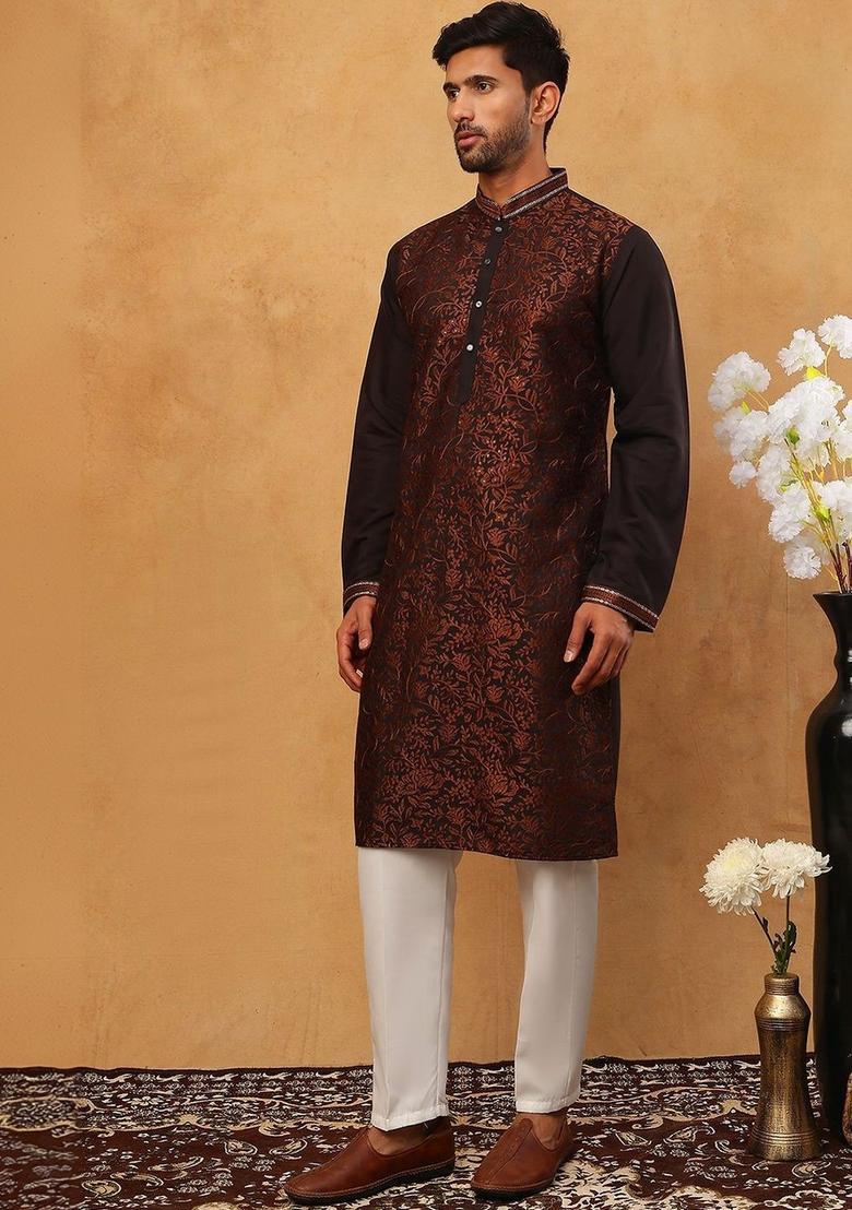 Black Printed Silk Kurta Set For Men - Indya