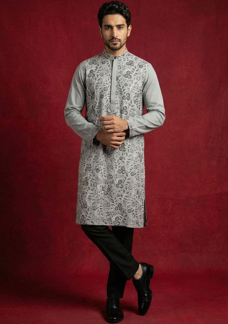 Grey Embroidered Silk Kurta Set For Men - Indya