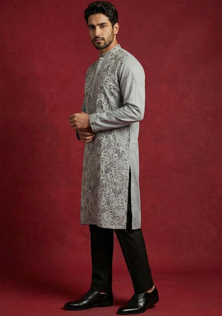 Grey Embroidered Silk Kurta Set For Men - Indya