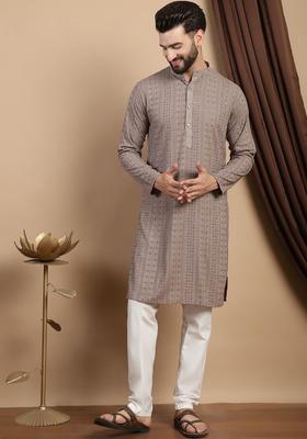 Brown Embroidered Cotton Kurta Set For Men