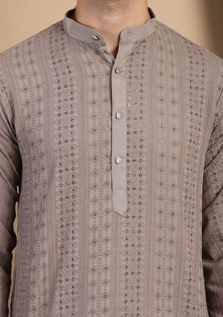 Brown Embroidered Cotton Kurta Set For Men - Indya