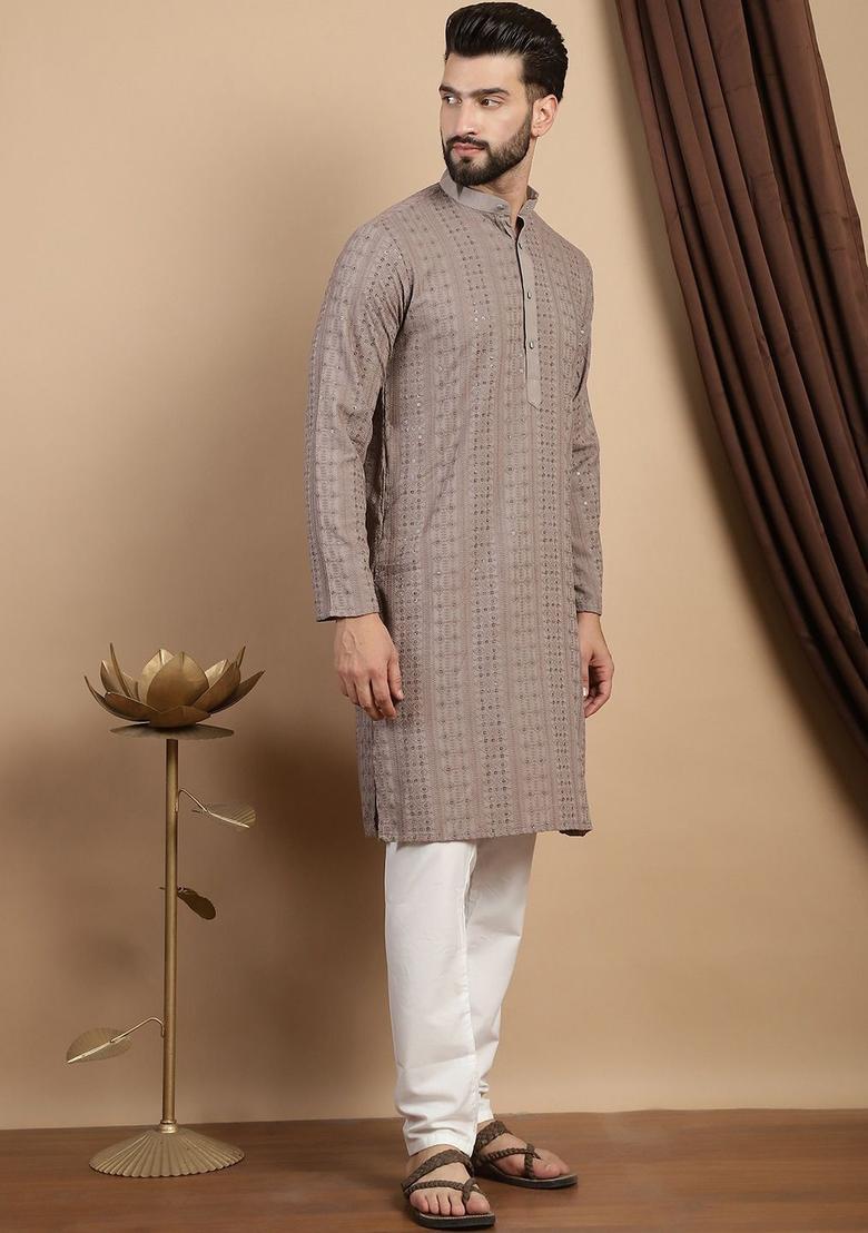 Brown Embroidered Cotton Kurta Set For Men - Indya