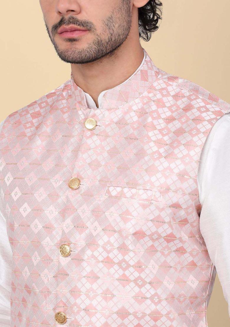 Beige Woven Design Silk Kurta Set For Men - Indya