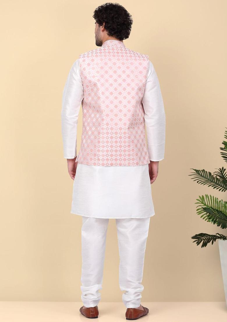 Beige Woven Design Silk Kurta Set For Men - Indya