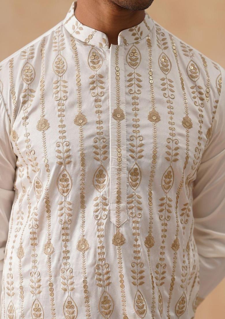 White Embroidered Silk Kurta Set For Men - Indya