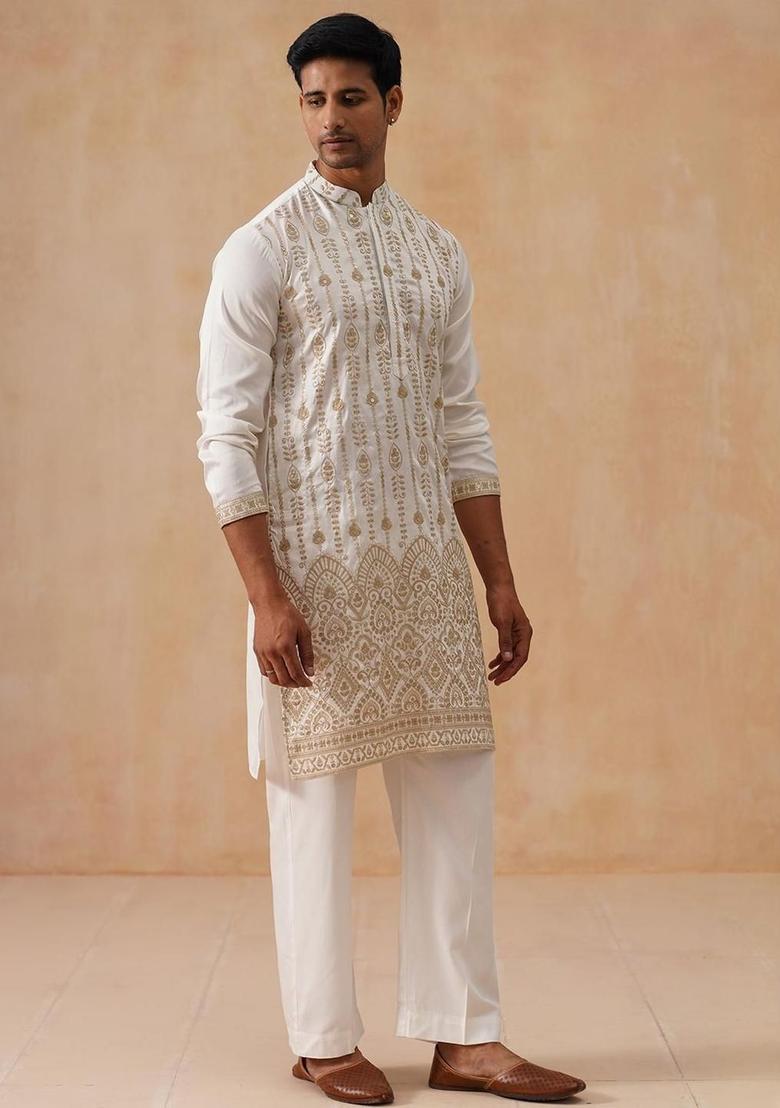 White Embroidered Silk Kurta Set For Men - Indya
