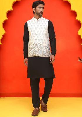 White Embroidered Silk Kurta Set For Men