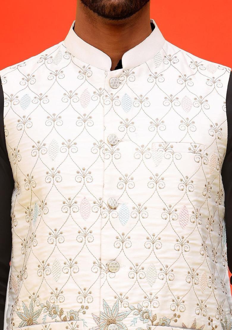 White Embroidered Silk Kurta Set For Men - Indya