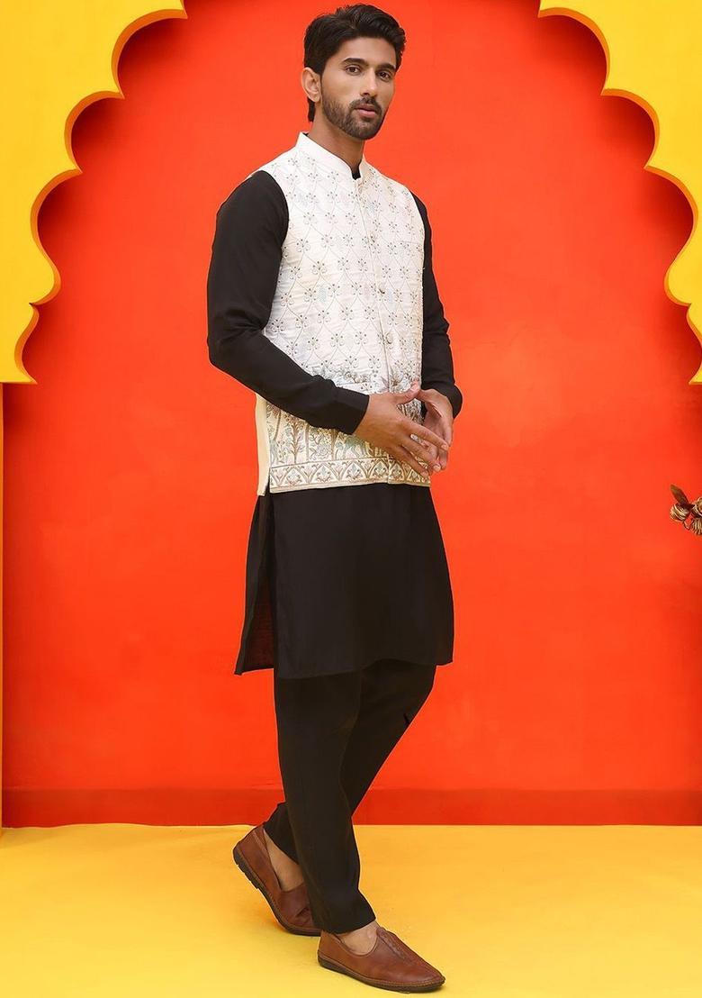 White Embroidered Silk Kurta Set For Men - Indya
