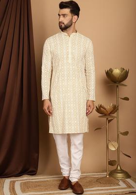 Beige Embroidered Cotton Kurta Set For Men