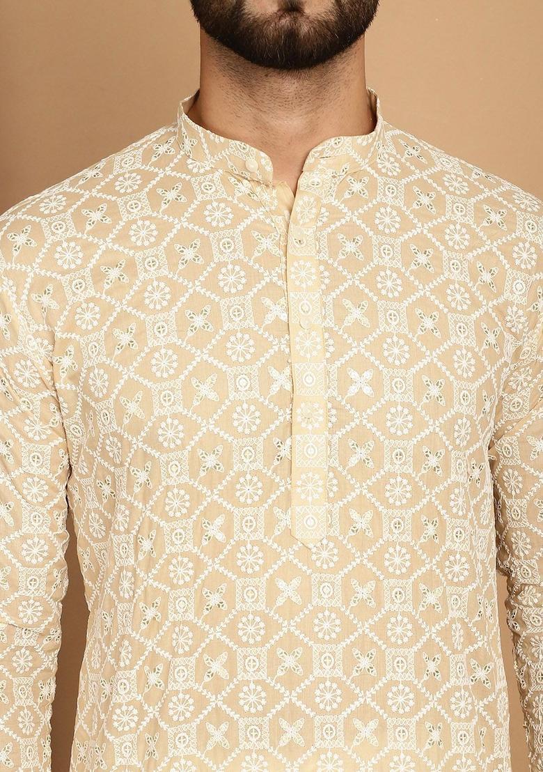 Beige Embroidered Cotton Kurta Set For Men - Indya