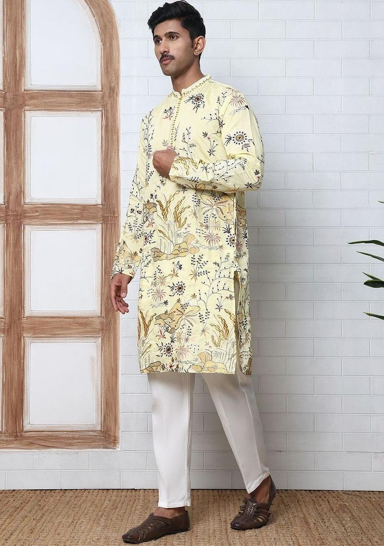 Yellow Embroidered Silk Kurta Set For Men - Indya