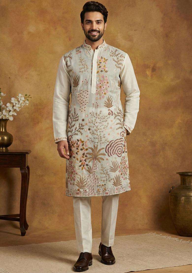 White Embroidered Silk Kurta Set For Men - Indya