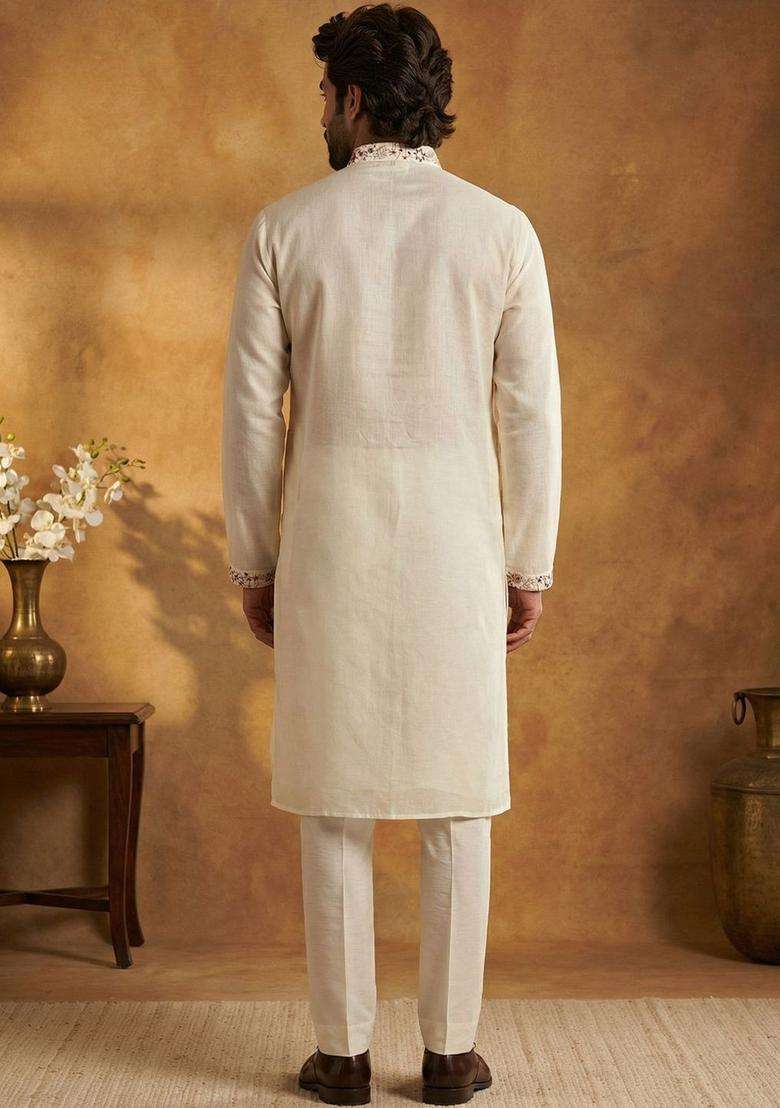 White Embroidered Silk Kurta Set For Men - Indya