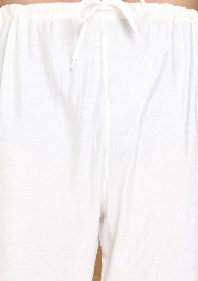 White Embroidered Silk Kurta Set For Men - Indya