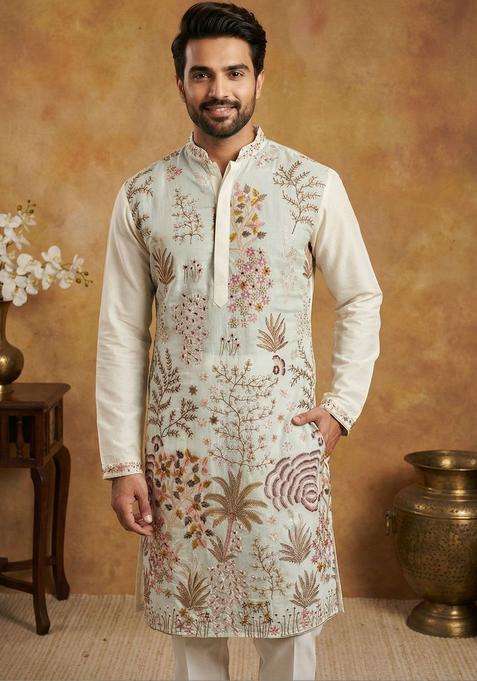 White Embroidered Silk Kurta Set For Men